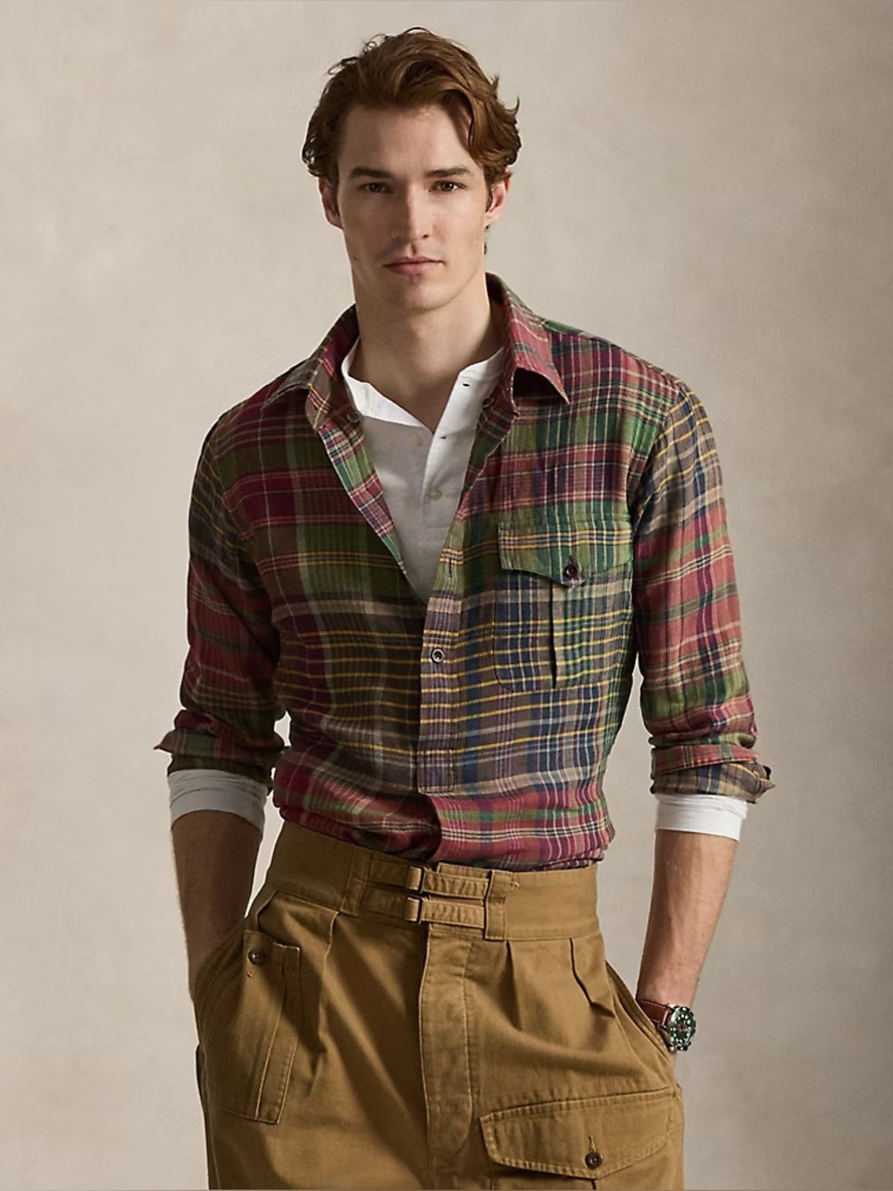 RALPH LAUREB Green Red Plaid Button-Down Shirt cotton logo rare rainbow